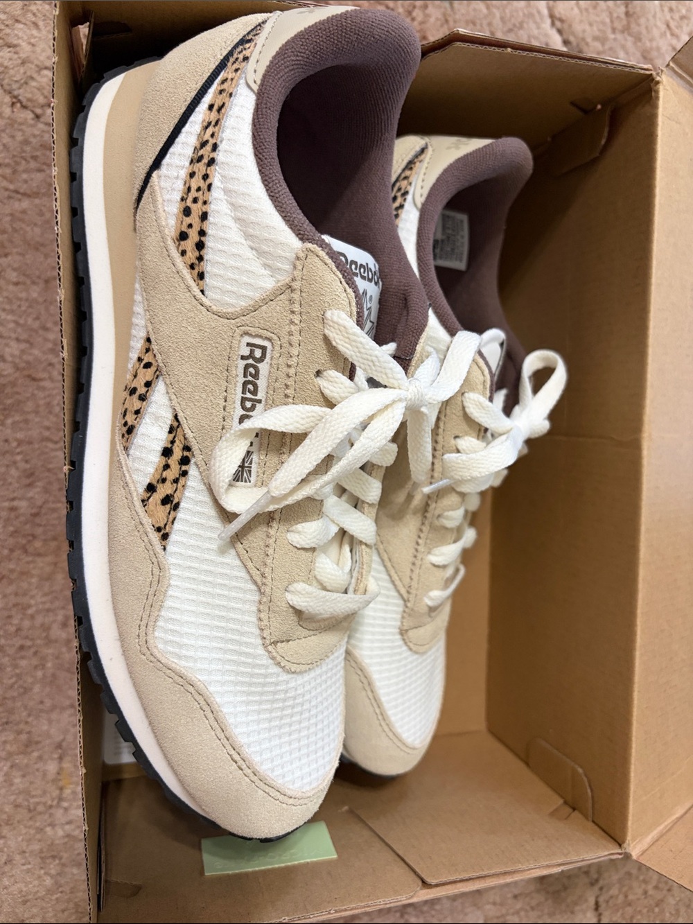 Reebok Women's Beige and White Retro Runner Sneakers with Leopard Accent